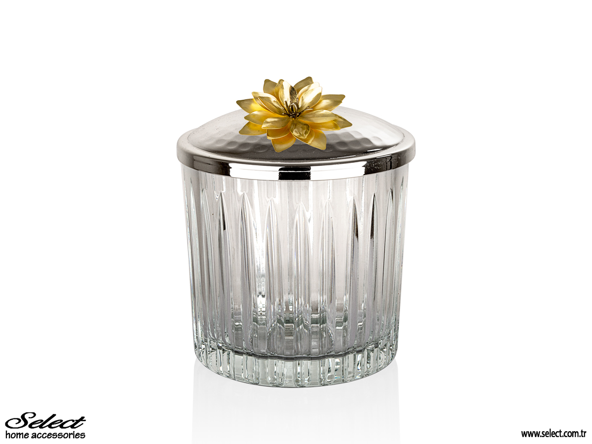 Lotus Kapaklı Kristalize Kesme Cam Silindir Kase 14x14cm