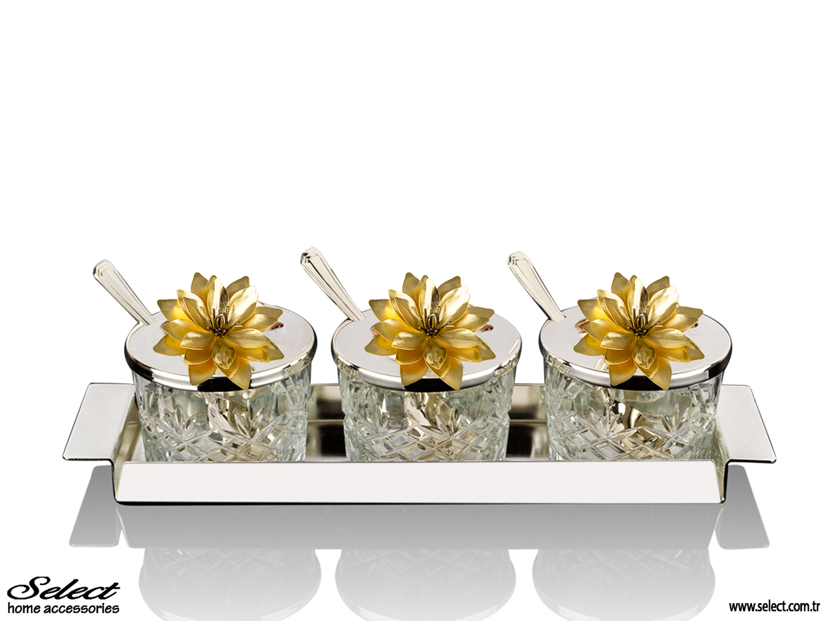 Lotus Kapaklı Kristalize Kesme Cam Silindir Üçlü Reçellik 31x8cm