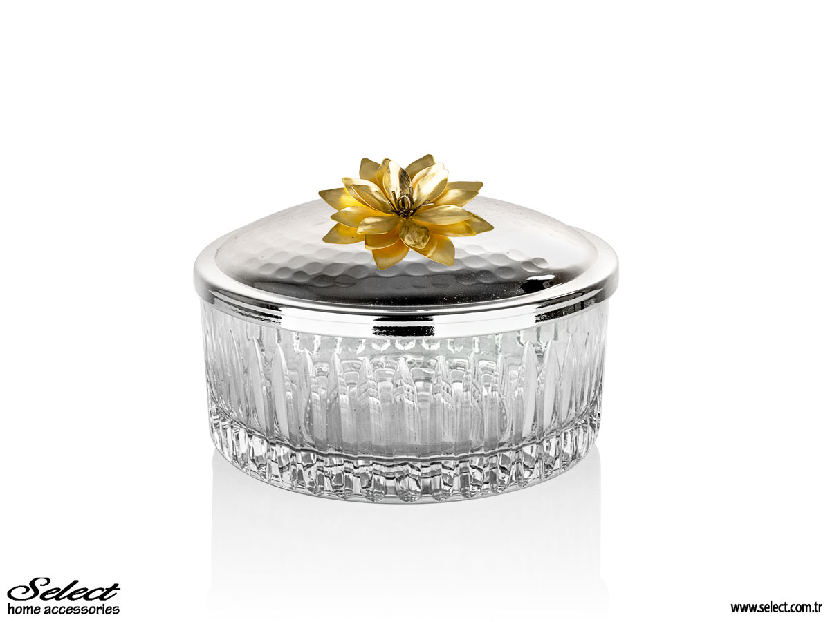 Lotus Kapaklı Kristalize Kesme Cam Yayvan Kase 19x8cm